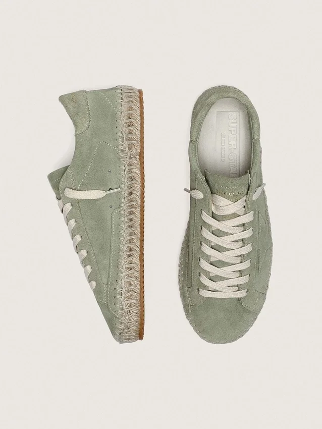 Super-Star da donna in pelle scamosciata verde salvia con stella in pelle scamosciata tono su tono e suola a corda