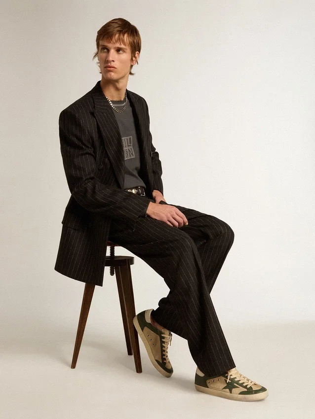 Super-Star da uomo in mesh color crema e nappa verde con stella in nappa