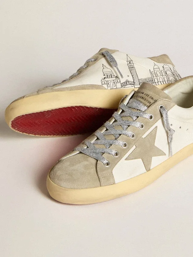 Super-Star da uomo in nappa con stella in pelle scamosciata grigio ghiaccio e ricami neri