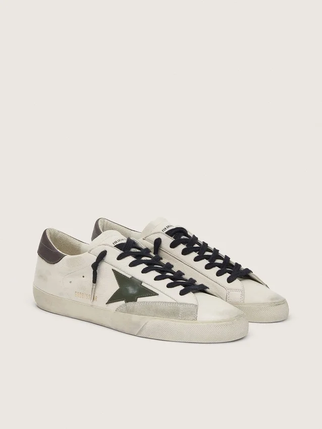 Super-Star da uomo in nappa con stella in pelle verde e linguetta sul tallone in pelle grigia