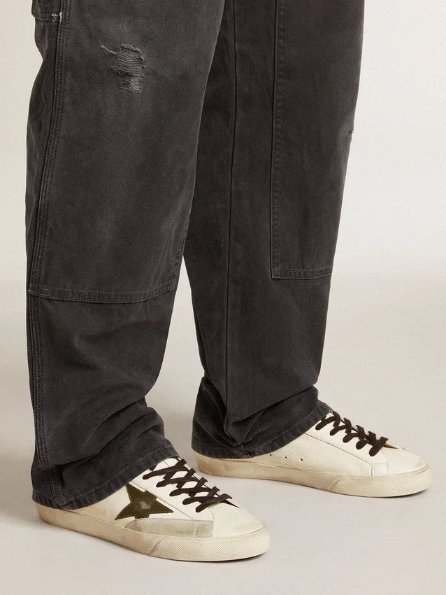 Super-Star da uomo in nappa con stella in pelle verde e linguetta sul tallone in pelle grigia