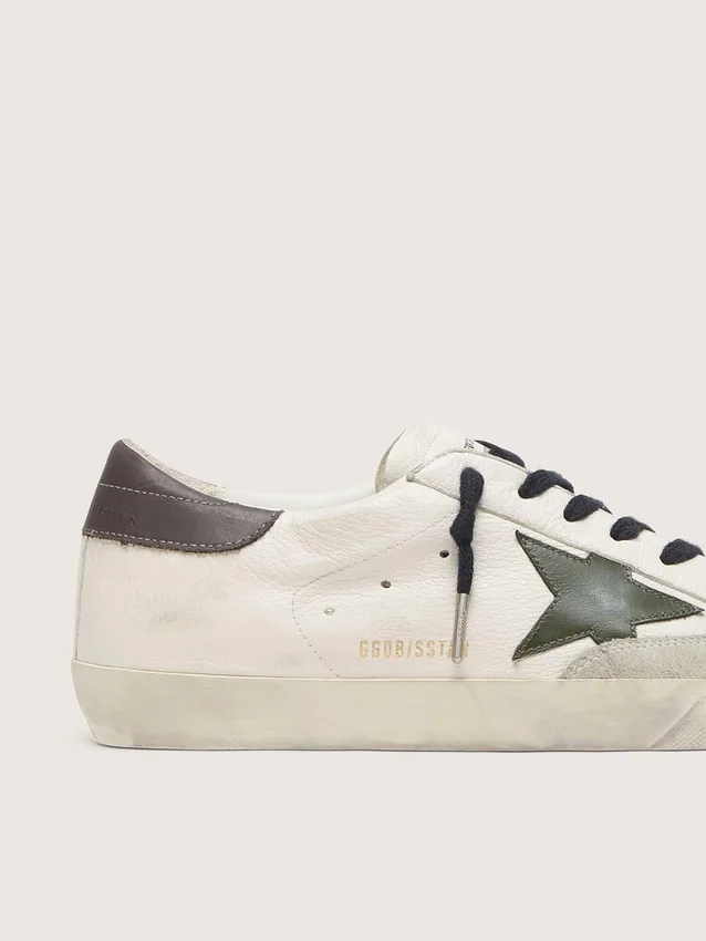 Super-Star da uomo in nappa con stella in pelle verde e linguetta sul tallone in pelle grigia