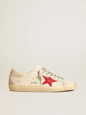 Super-Star da uomo in nappa con stella rossa e linguetta sul tallone in pelle color crema