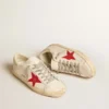 Super-Star da uomo in nappa con stella rossa e linguetta sul tallone in pelle color crema