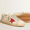 Super-Star da uomo in nappa con stella rossa e linguetta sul tallone in pelle color crema
