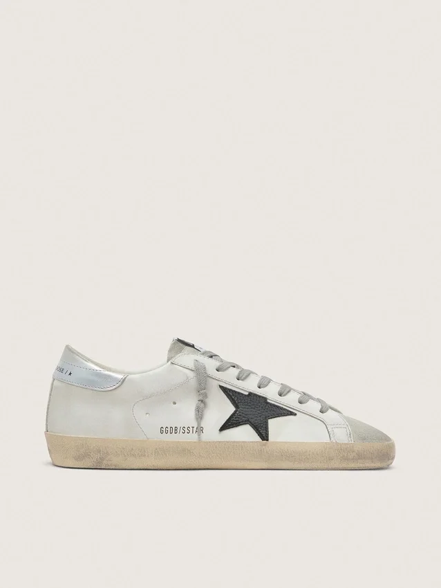 Super-Star da uomo in pelle bianca con stella in nabuk nero e linguetta sul tallone in pelle metallizzata argento