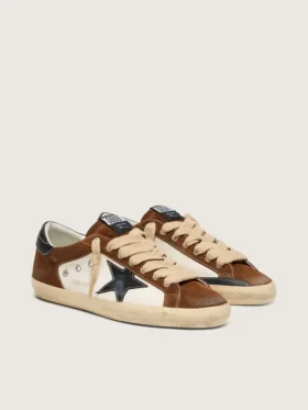 Super-Star da uomo in pelle bianca e pelle scamosciata marrone con stella in pelle nera