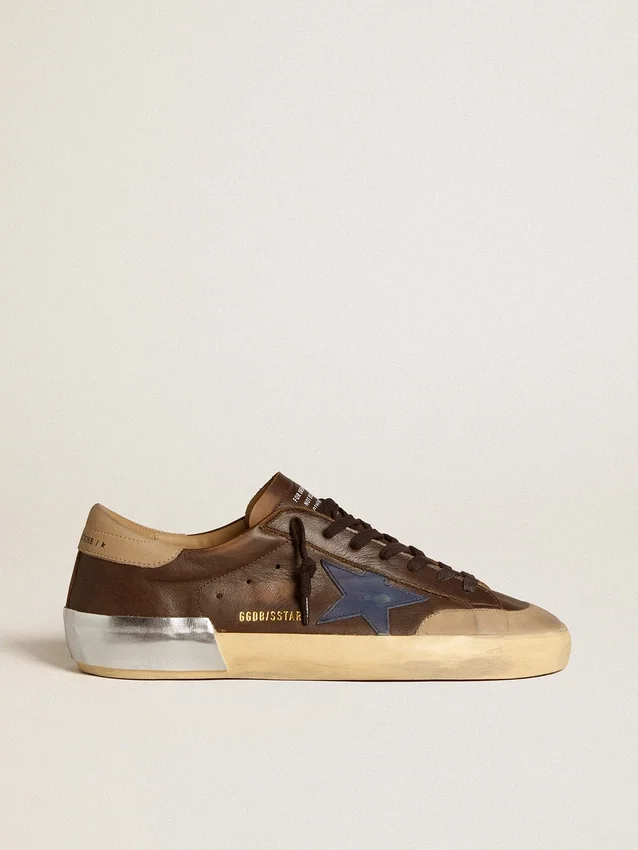 Super-Star da uomo in pelle con stella in pelle blu e linguetta sul tallone in nabuk beige