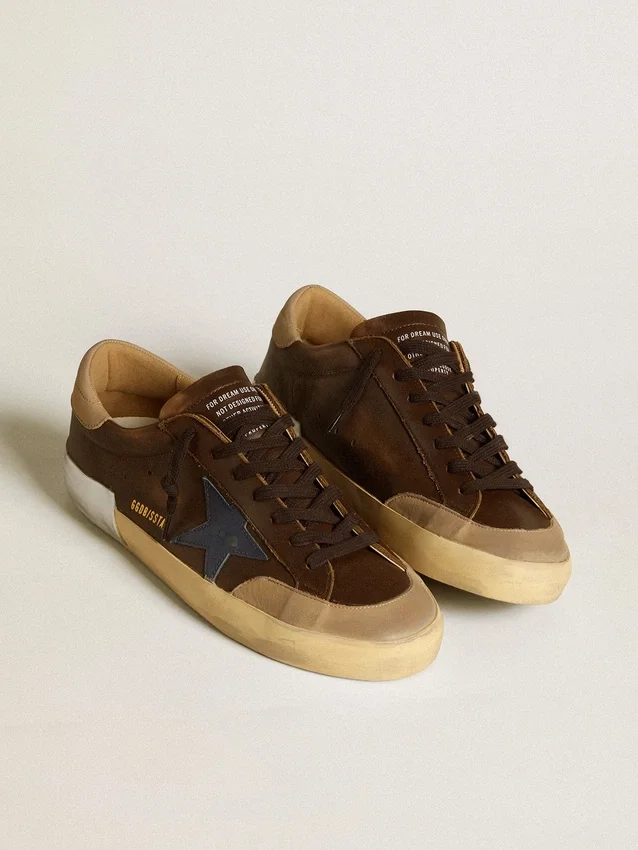 Super-Star da uomo in pelle con stella in pelle blu e linguetta sul tallone in nabuk beige