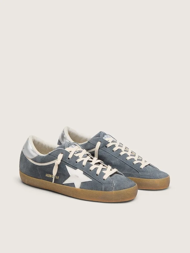 Super-Star da uomo in pelle scamosciata grigia con stella in pelle bianca e linguetta sul tallone in pelle argentata