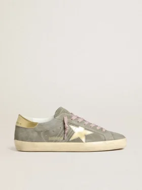 Super-Star da uomo in pelle scamosciata grigia con stella in pelle metallizzata dorata e linguetta sul tallone
