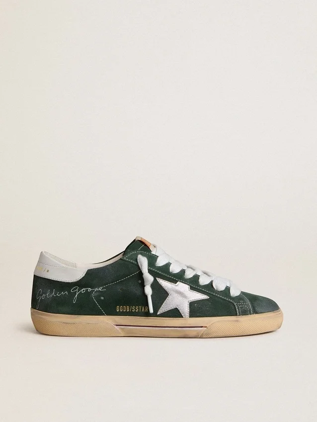 Super-Star da uomo in pelle scamosciata verde con stella in pelle metallizzata argento e linguetta in pelle sul tallone