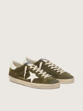 Super-Star da uomo in pelle scamosciata verde oliva con stella in pelle bianca