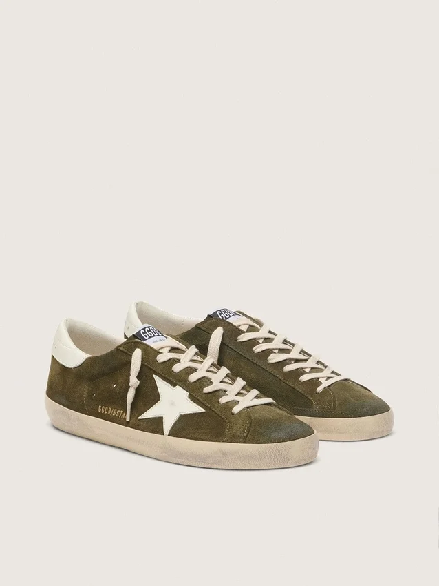 Super-Star da uomo in pelle scamosciata verde oliva con stella in pelle bianca