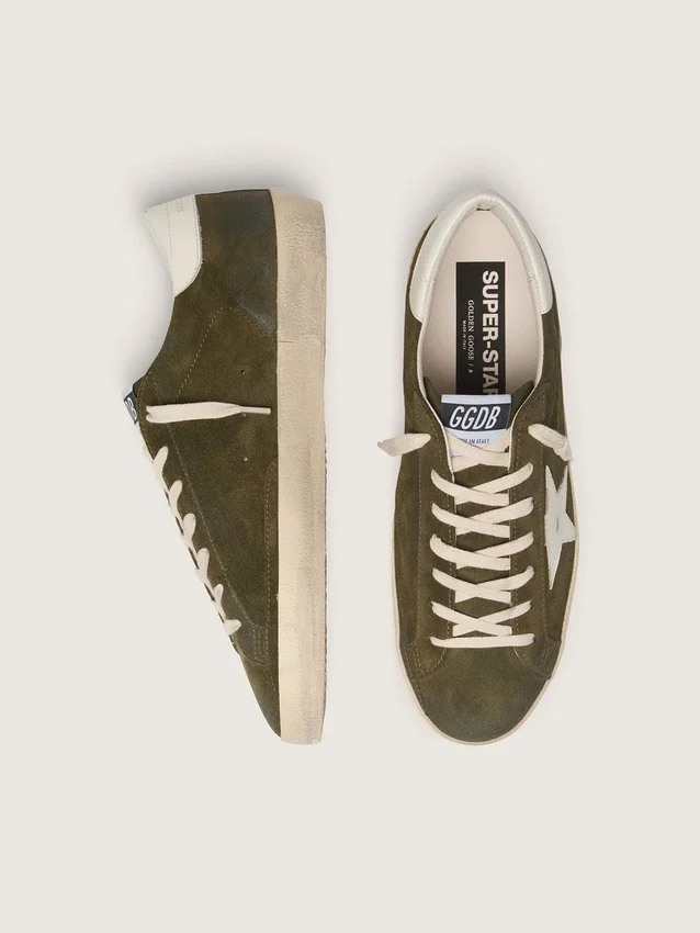 Super-Star da uomo in pelle scamosciata verde oliva con stella in pelle bianca