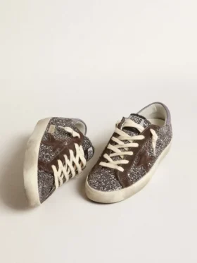 Super-Star glitterata con stella marrone e linguetta sul tallone color lilla