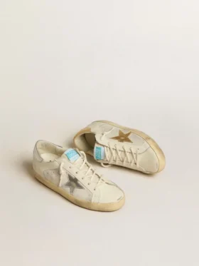 Super-Star in pelle e pelle scamosciata bianca con stella in pelle argento e oro