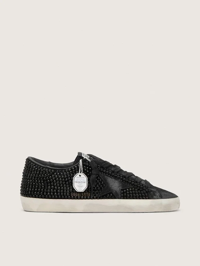 Super-Star in pelle scamosciata nera con cristalli Swarovski e stella in pelle scamosciata nera