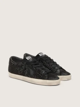 Super-Star in pelle scamosciata nera con cristalli Swarovski e stella in pelle scamosciata nera