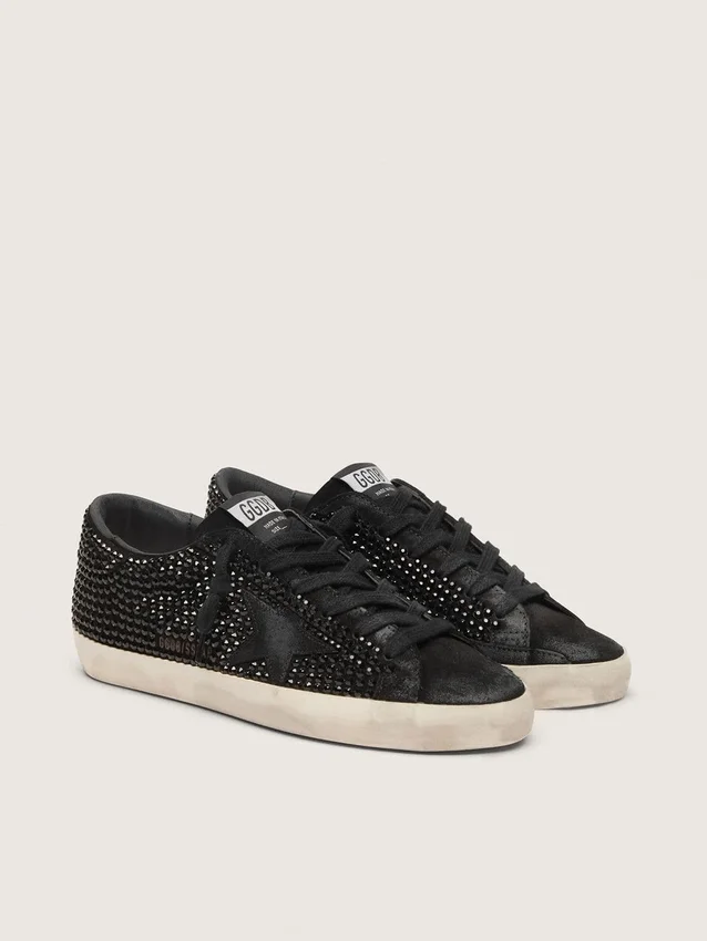Super-Star in pelle scamosciata nera con cristalli Swarovski e stella in pelle scamosciata nera