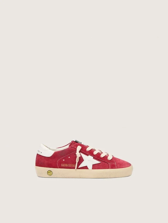 Super-Star Junior in pelle scamosciata rossa con stella e linguetta sul tallone in pelle bianca