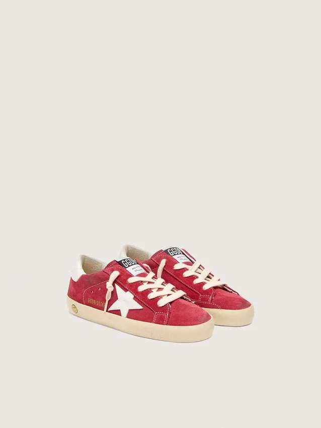 Super-Star Junior in pelle scamosciata rossa con stella e linguetta sul tallone in pelle bianca