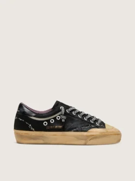 Super-Star LAB da donna in pelle scamosciata laminata nera e nylon con stella in rilievo e lacci con cristalli