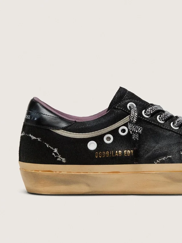 Super-Star LAB da uomo in pelle scamosciata laminata nera e nylon con stella in rilievo e lacci con cristalli