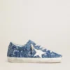 Super-Star LTD da donna in denim azzurro con stella in pelle bianca e fiori ricamati