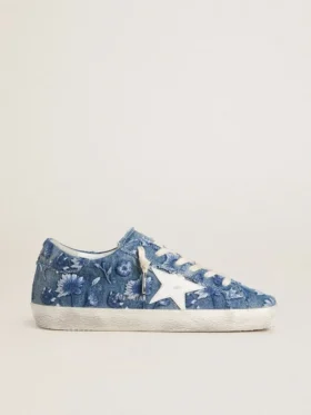 Super-Star LTD da donna in denim azzurro con stella in pelle bianca e fiori ricamati
