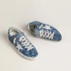 Super-Star LTD da donna in denim azzurro con stella in pelle bianca e fiori ricamati