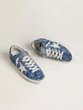 Super-Star LTD da donna in denim azzurro con stella in pelle bianca e fiori ricamati