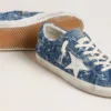 Super-Star LTD da donna in denim azzurro con stella in pelle bianca e fiori ricamati