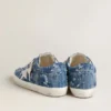 Super-Star LTD da donna in denim azzurro con stella in pelle bianca e fiori ricamati