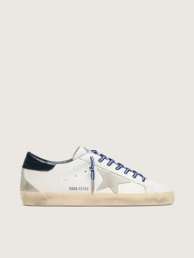 Super-Star LTD da uomo in pelle bianca con stella in pelle scamosciata e linguetta sul tallone in pelle blu