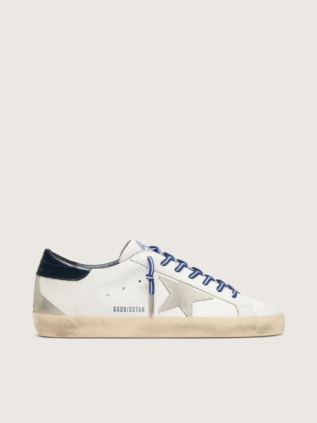 Super-Star LTD da donna in pelle bianca con stella in pelle scamosciata e linguetta sul tallone in pelle blu