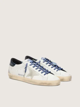 Super-Star LTD da donna in pelle bianca con stella in pelle scamosciata e linguetta sul tallone in pelle blu