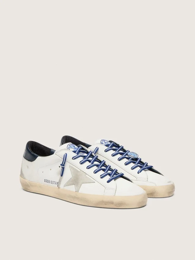 Super-Star LTD da donna in pelle bianca con stella in pelle scamosciata e linguetta sul tallone in pelle blu