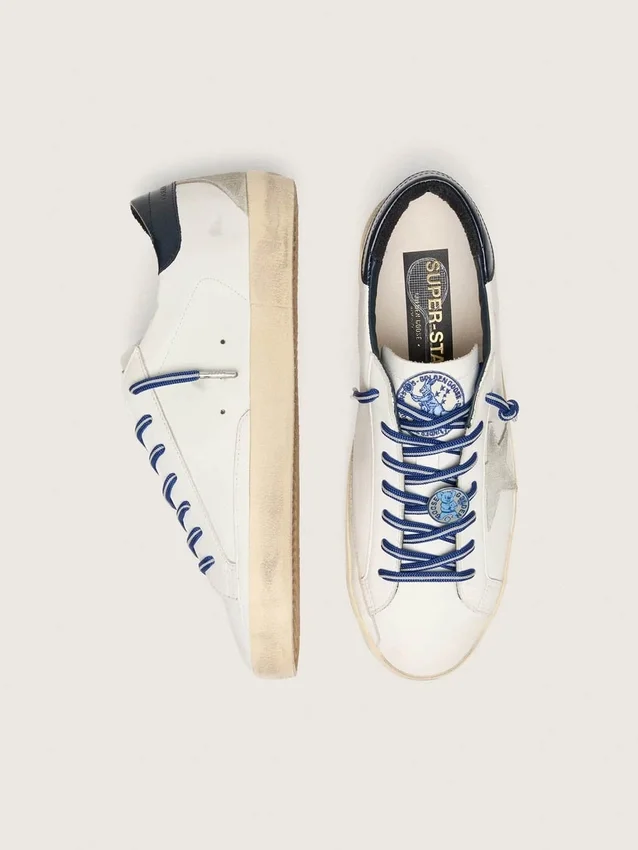 Super-Star LTD da donna in pelle bianca con stella in pelle scamosciata e linguetta sul tallone in pelle blu