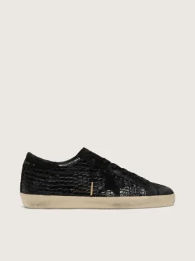 Super-Star LTD da donna in pelle nera con stampa coccodrillo, stella in pelle scamosciata nera e linguetta sul tallone