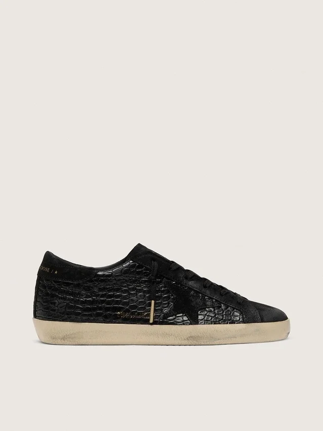 Super-Star LTD da donna in pelle nera con stampa coccodrillo, stella in pelle scamosciata nera e linguetta sul tallone