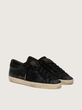 Super-Star LTD da donna in pelle nera con stampa coccodrillo, stella in pelle scamosciata nera e linguetta sul tallone