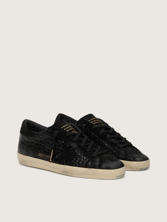 Super-Star LTD da donna in pelle nera con stampa coccodrillo, stella in pelle scamosciata nera e linguetta sul tallone