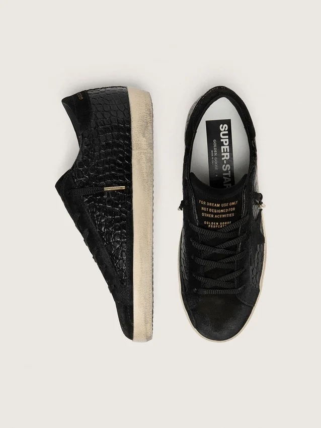 Super-Star LTD da donna in pelle nera con stampa coccodrillo, stella in pelle scamosciata nera e linguetta sul tallone