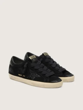Super-Star LTD da donna in pelle scamosciata nera con stella glitterata nera e linguetta sul tallone in pelle nera
