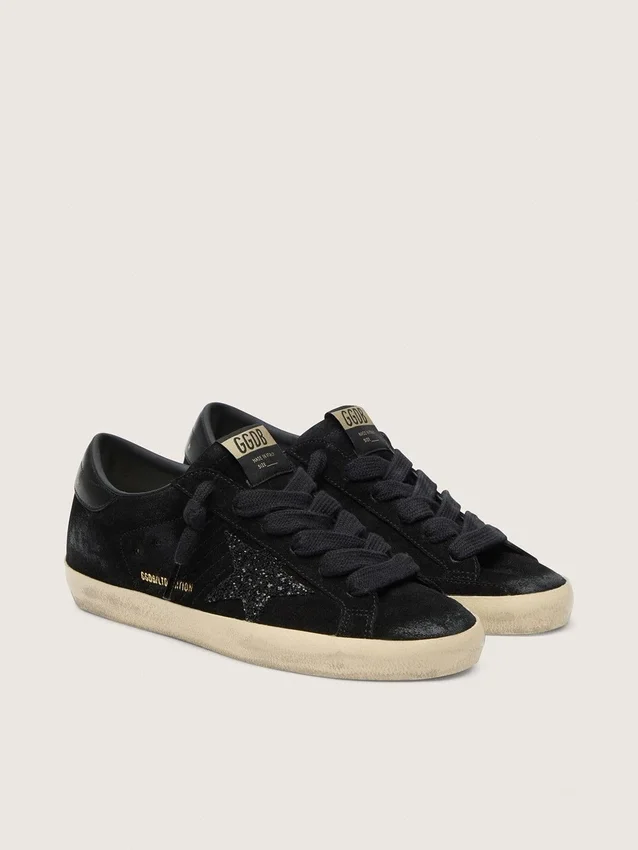Super-Star LTD da donna in pelle scamosciata nera con stella glitterata nera e linguetta sul tallone in pelle nera