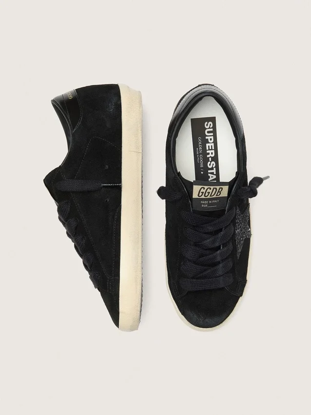 Super-Star LTD da donna in pelle scamosciata nera con stella glitterata nera e linguetta sul tallone in pelle nera