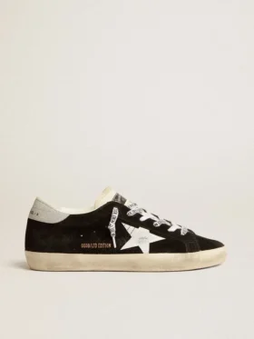 Super-Star LTD da donna in pelle scamosciata nera con stella stampata bianca e linguetta sul tallone con glitter argento
