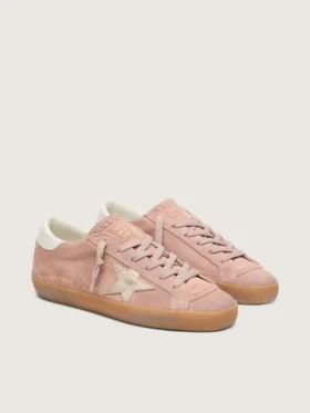 Super-Star LTD da donna in pelle scamosciata rosa con stella in pelle metallizzata platino