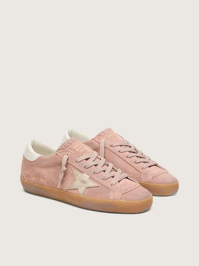 Super-Star LTD da donna in pelle scamosciata rosa con stella in pelle metallizzata platino
